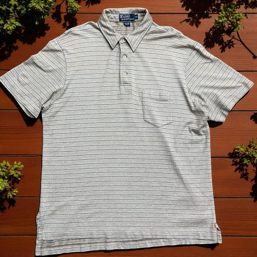 Polo Ralph Lauren Vintage 90s Pima Cotton Tan Black Striped Shirt Men's Size XL